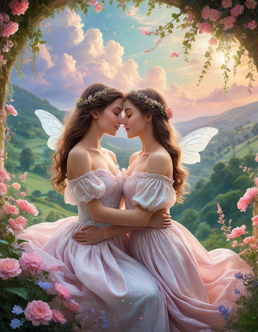A whimsical and enchanting scene depicting a romantic fantasy world, where ethereal characters and whimsical creatures interact amidst lush landscapes and soft, dreamy lighting. Incorporate elements of sensuality, such as elegant poses and intimate moments, while keeping a playful and artistic vibe. The background should feature vibrant colors, soft clouds, and sparkling stars to enhance the fantasy aspect. Include subtle hints of romance, like glowing hearts and gentle embraces. pastel colors. digital painting.