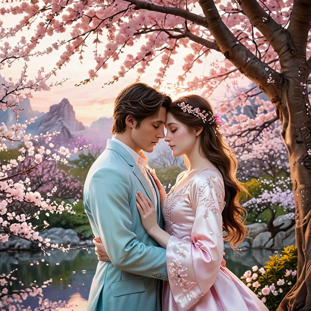 An enchanting scene featuring two characters in an intimate embrace surrounded by a lush, dreamlike landscape filled with cherry blossoms and soft pastel hues, hinting at affectionate narratives. The characters express deep emotion with intricate facial details, surrounded by floating symbols of love like hearts and roses. The background should blend elements of fantasy and romance, capturing the essence of both affection and artistry. soft lighting, vibrant colors, super-realistic.